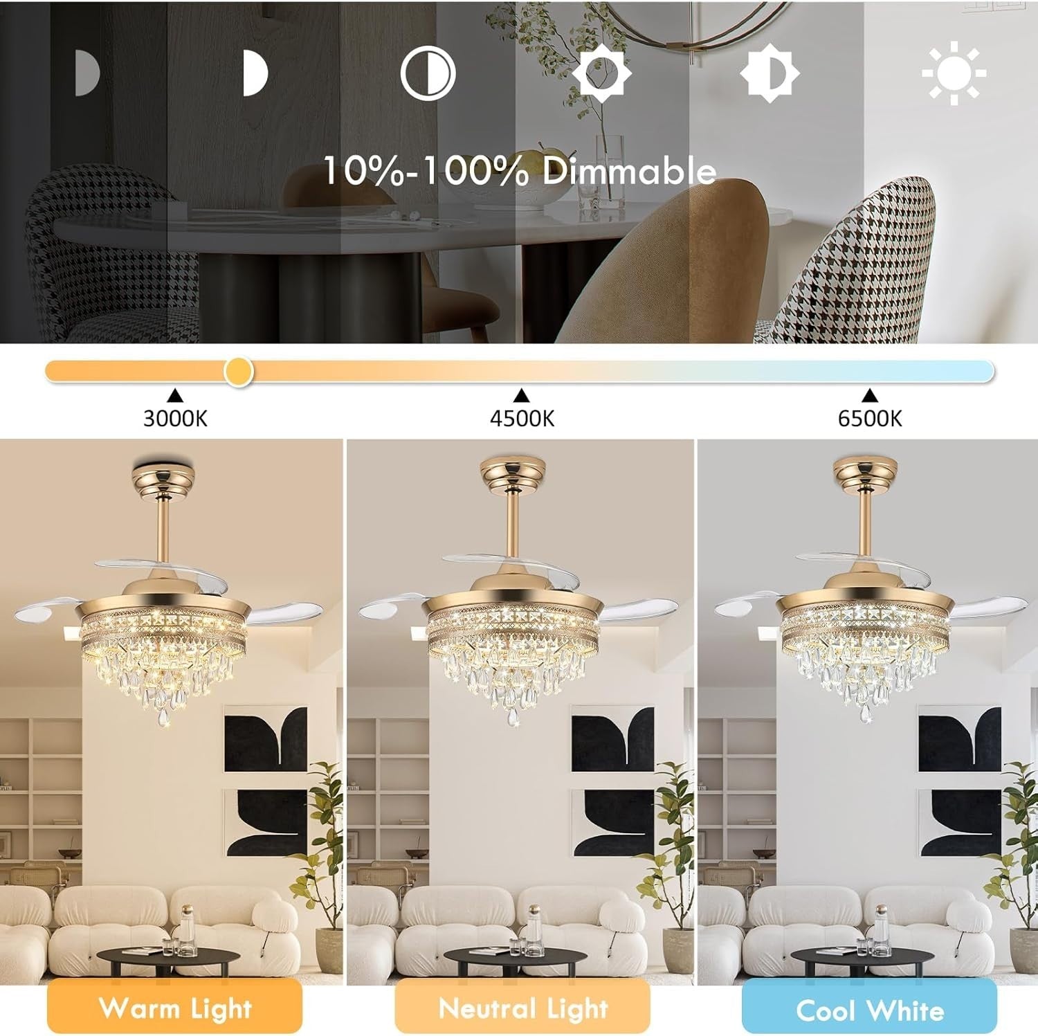 Crystal Ceiling Fan, 6 Speeds, Dimmable LED, Remote, Reversible