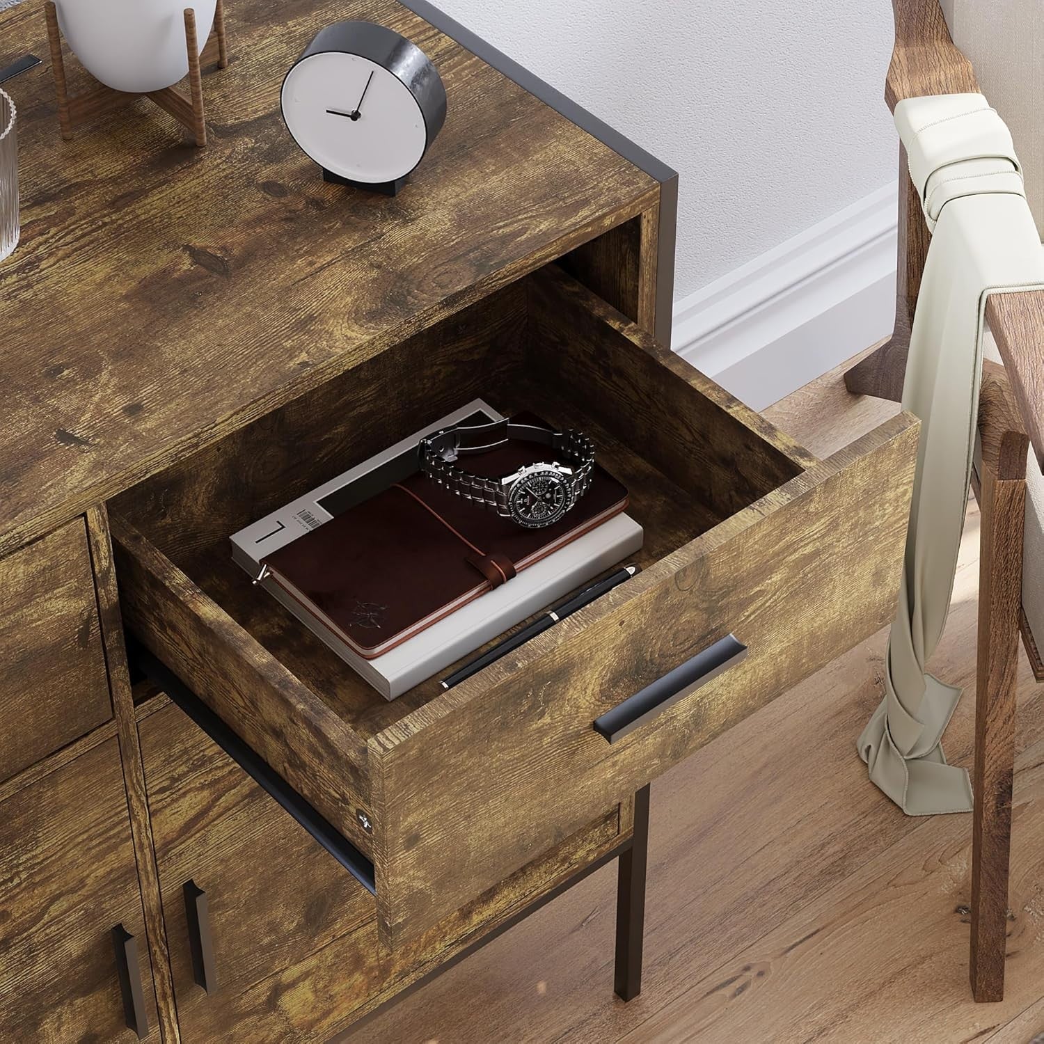 Industrial Dark Wood Sideboard Storage Cabinet 2 Door 2 Drawer Metal Legs