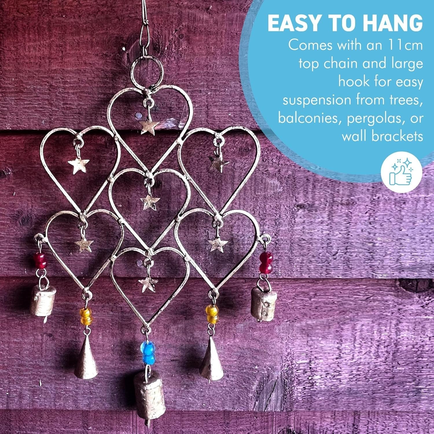 Heart & Stars Metal Windchime Garden Ornament | Distressed Boho Hanging Decor