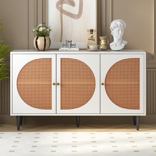 White Rattan Sideboard Cabinet 3 Door Storage Unit Adjustable Shelf Modern