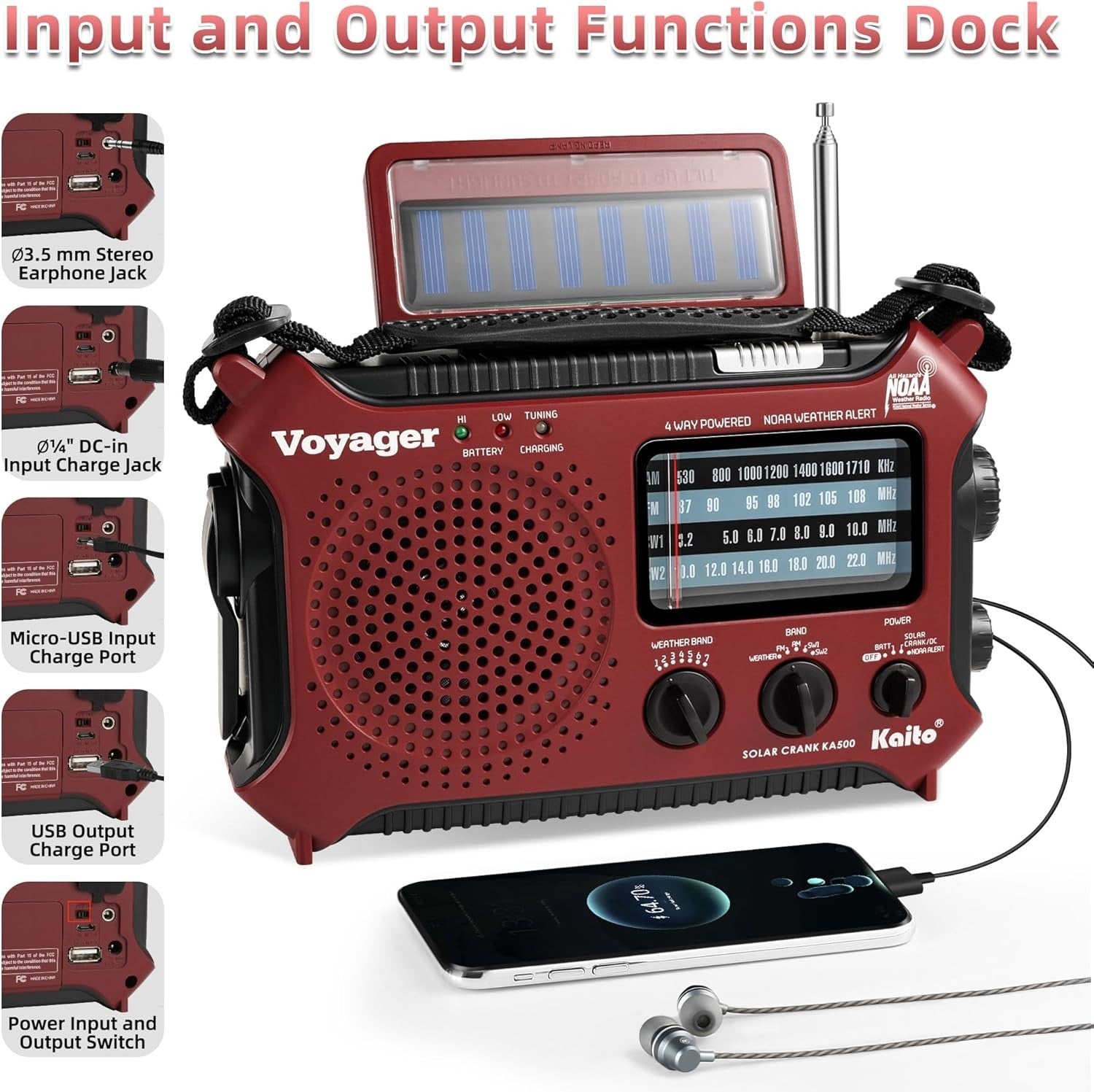 Emergency Weather Alert Radio Solar Hand Crank AM FM SW 7 Band Red