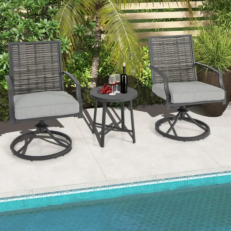 3pc Patio Swivel Chair Bistro Set w/Table Rattan Cushions Garden Deck