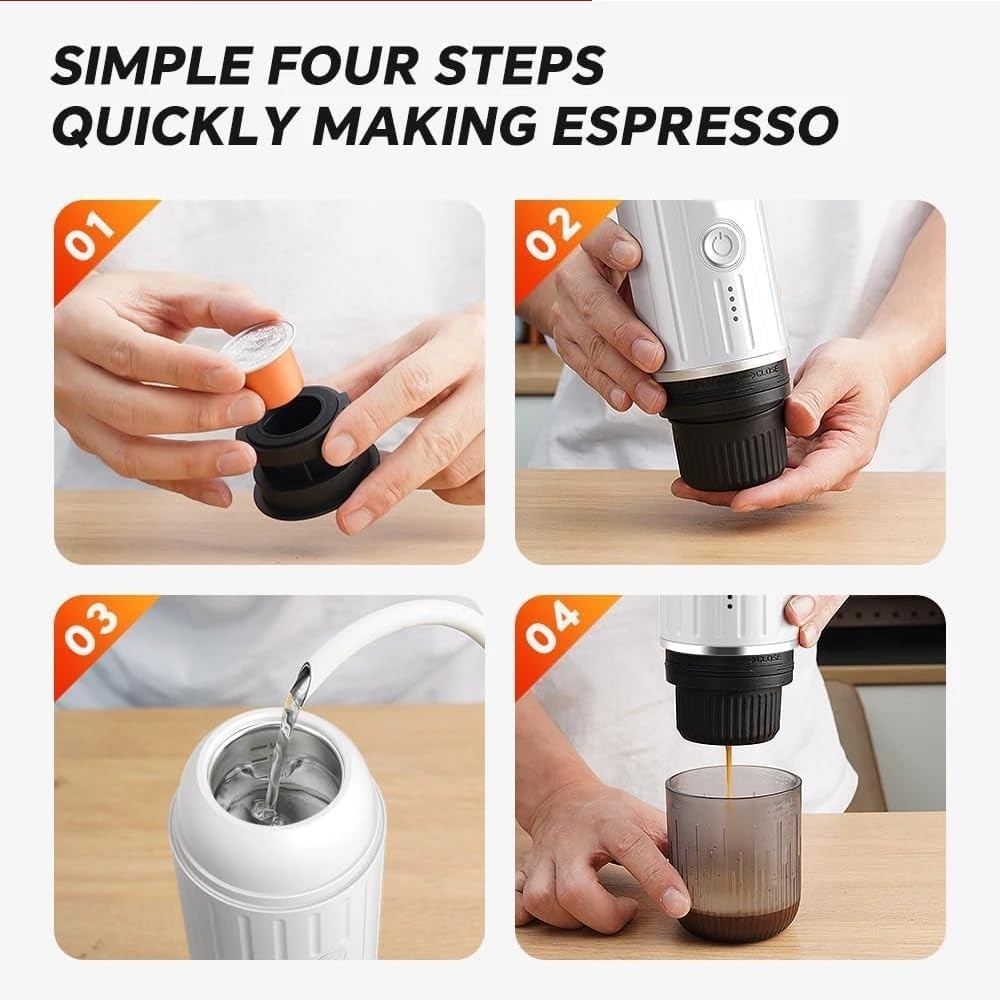 Portable 12V Espresso Maker Travel Coffee Machine 19Bar Self-Heating White Color