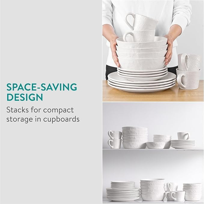 16pc Stoneware Dinner Set for 4 White Plates Bowls Mugs Microwave Safe