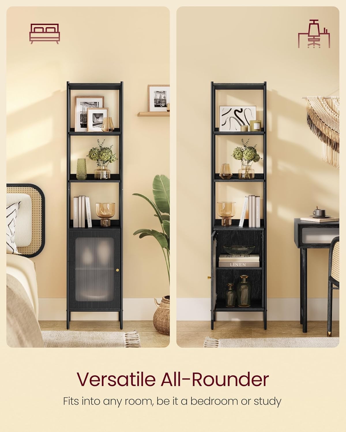 6-Tier Tall Bookcase with Cabinet – Modern Black Shelving Unit for Home & Office