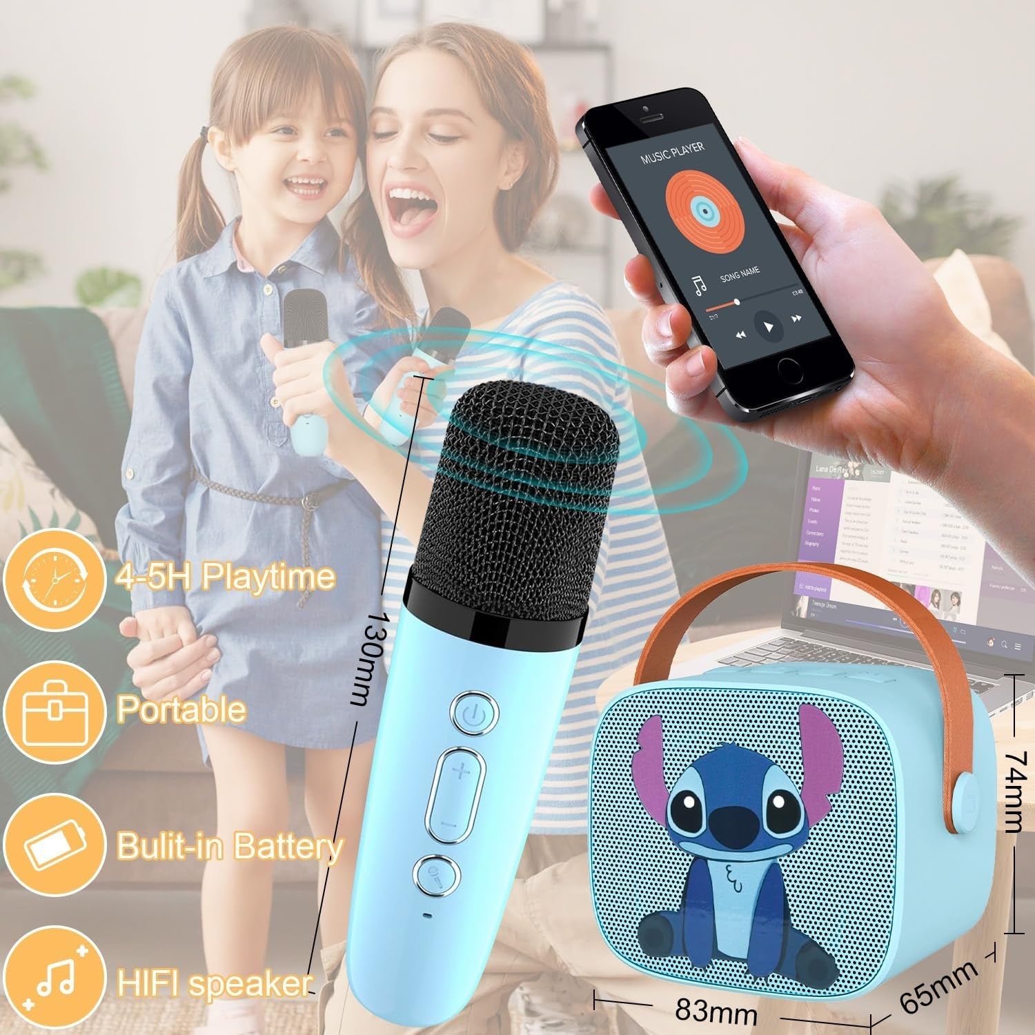Blue Kids Karaoke Machine w/ 2 Wireless Mics & LED Party Lights
