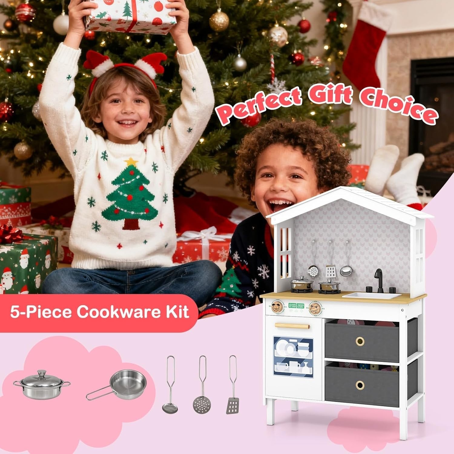 Wooden Kids Play Kitchen White Toy Set Sink Dishwasher Storage Stove