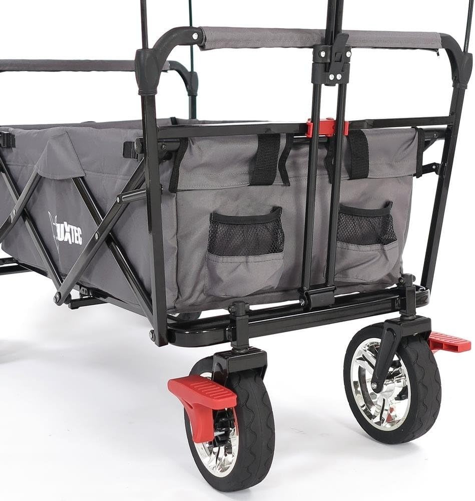 Grey Kids Folding Wagon Push Pull Stroller Cart w/ Canopy & Storage Bag