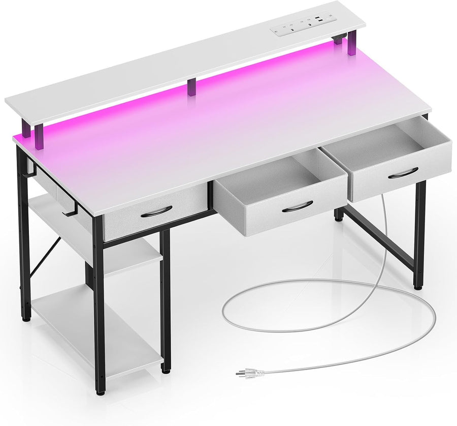 White 120cm Computer Desk with Drawers, LED Lights & Power Outlets