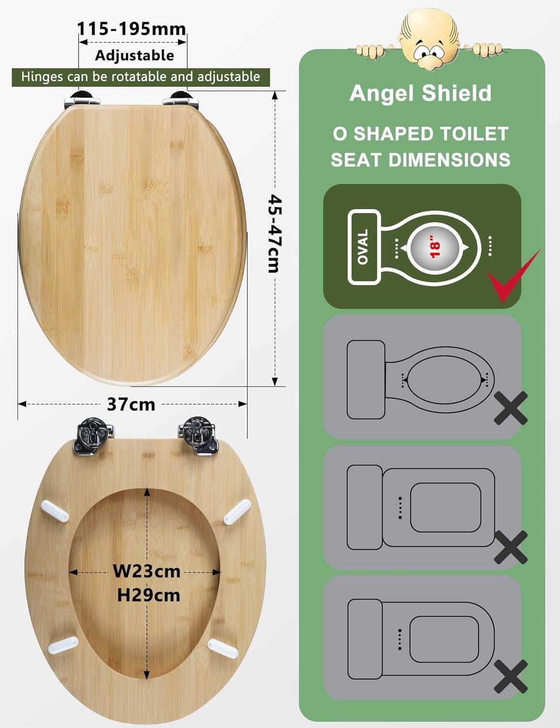 Bamboo Toilet Seat Soft Close O Shape Quick Release Adjustable Top Fix 45x37cm