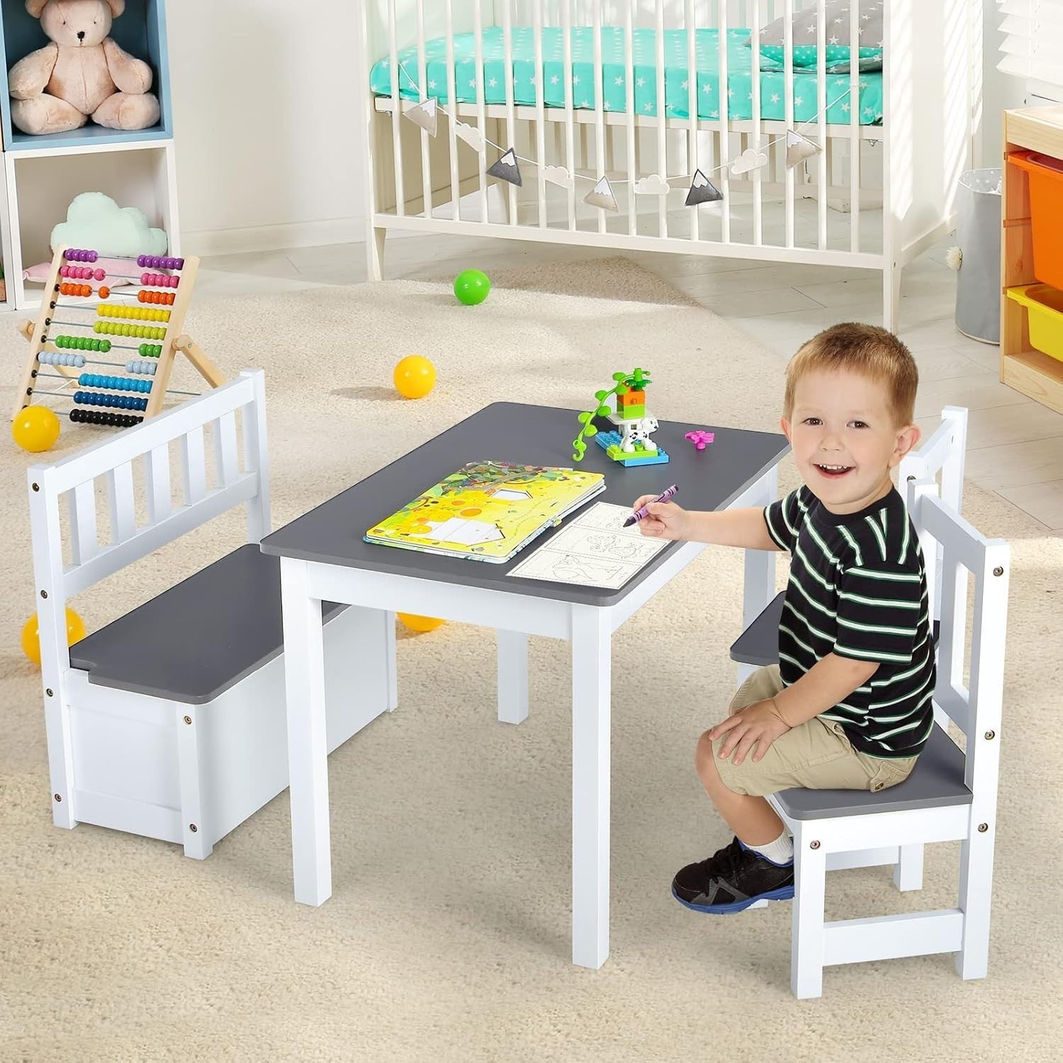 Kids Table Chair Set with Storage Bench 4pc Furniture Grey Playroom Desk