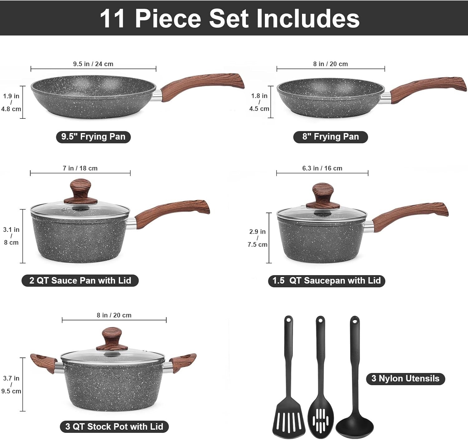 11Pcs Dark Grey Granite Non Stick Induction Cookware Set PFOA Free with Lids