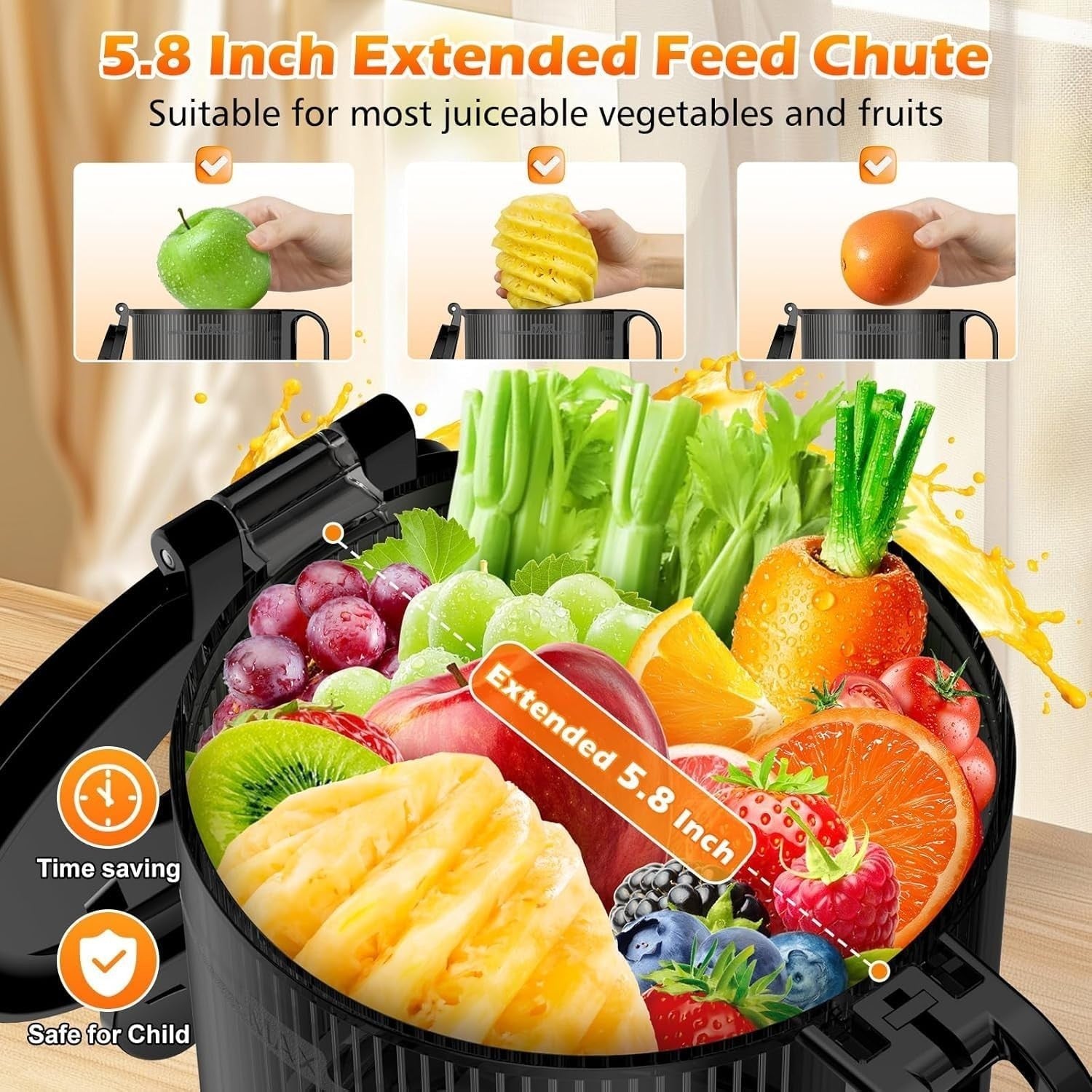 Cold Press Juicer 5.8in Extra Large Feed Chute Whole Fruit 350W