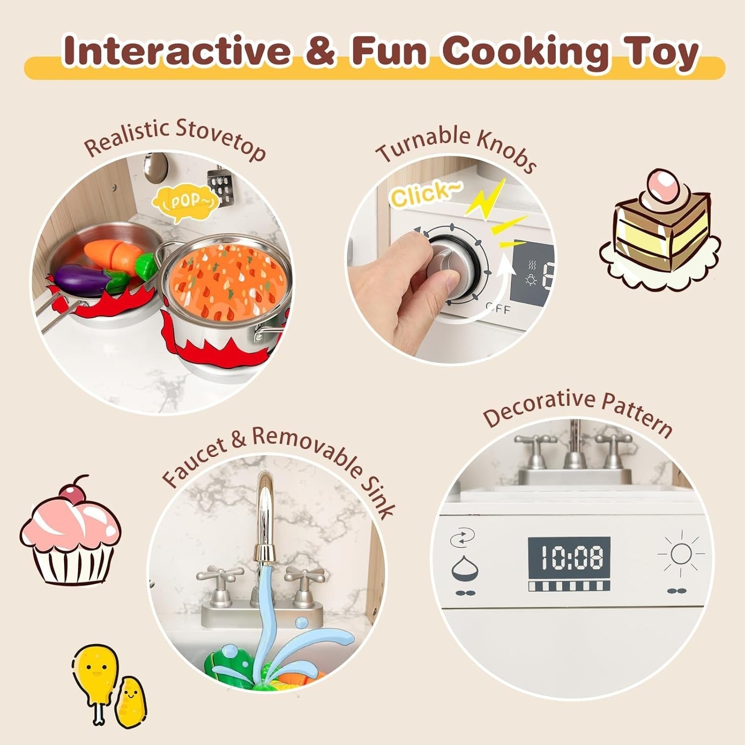 Kids Wooden Play Kitchen LED Lights Coffee Maker Accessories Set
