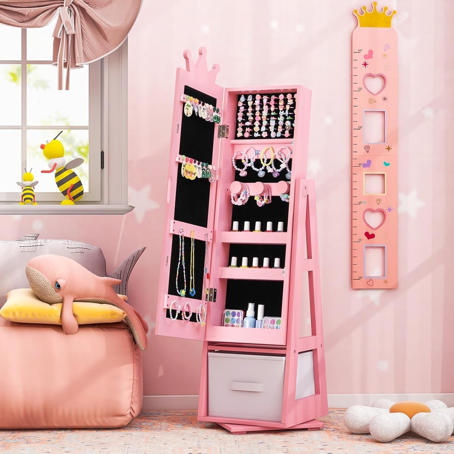 Kids 360° Swivel Jewelry Cabinet Mirror Organizer with Anti Tip Base