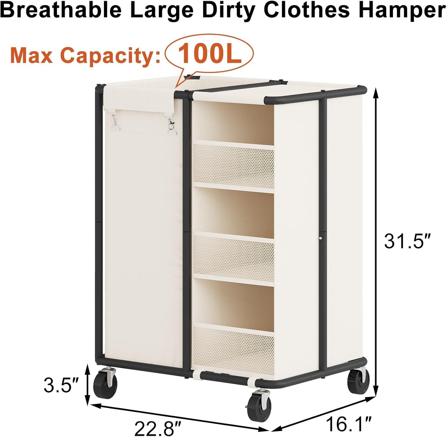 100L Rolling Laundry Sorter with Wheels Hanging Bag & Storage Shelves Beige