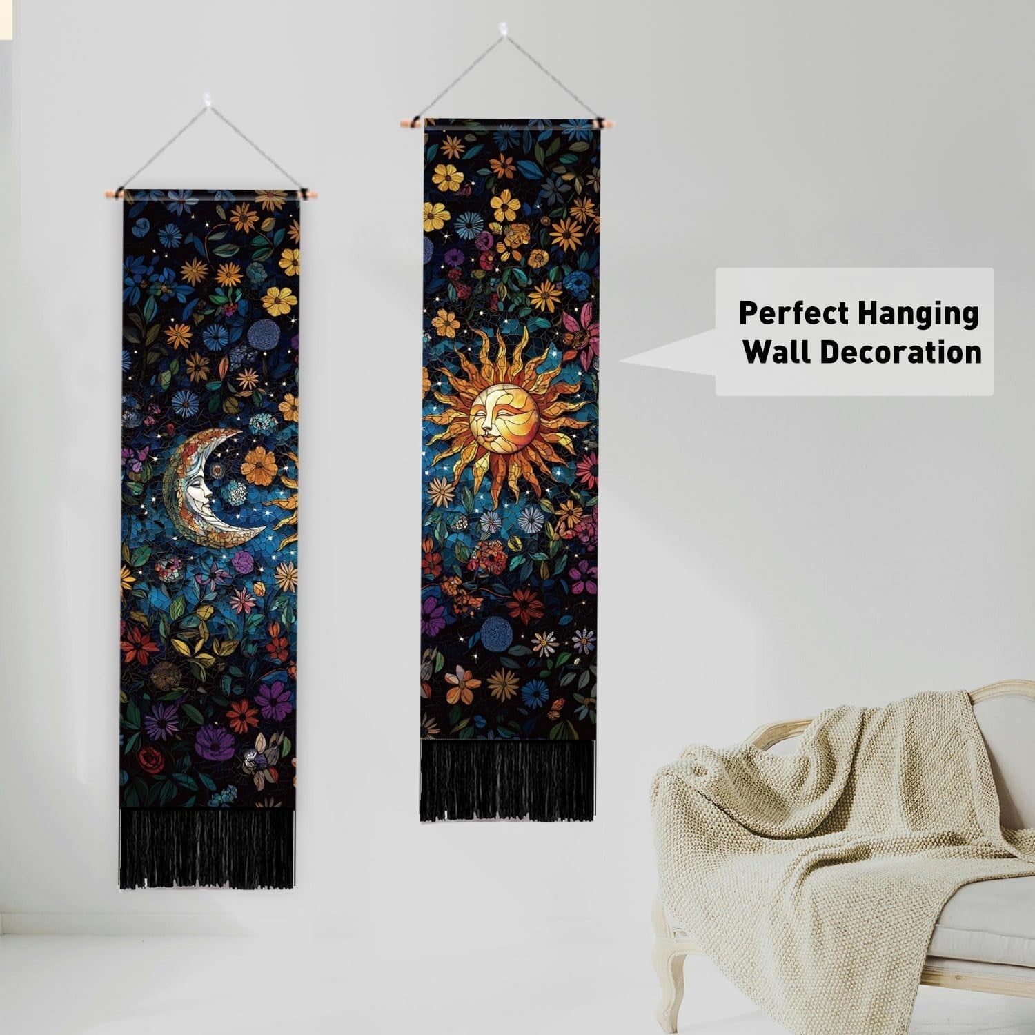 2-Pack Boho Sun & Moon Stained Glass Tapestry 52"x13" Vertical Decor