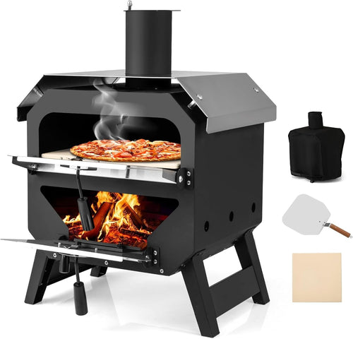 Outdoor Wood Fired Pizza Oven 1-Layer with Stone, Peel & Waterproof Cover