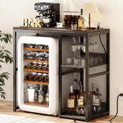 Mini Fridge Stand with Power Outlet, Wine Rack & Shelves