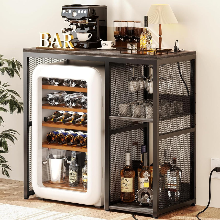Mini Fridge Stand with Power Outlet, Wine Rack & Shelves