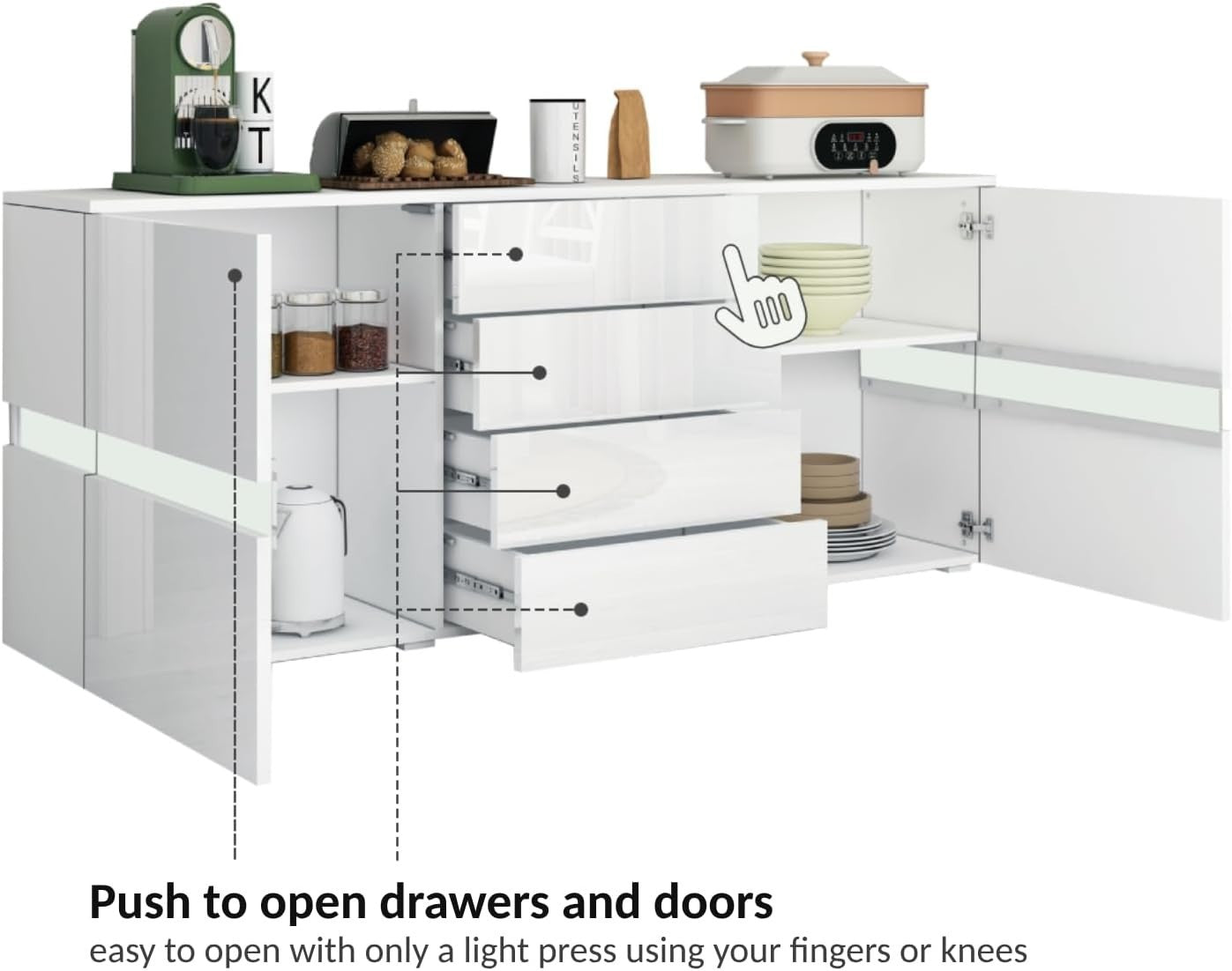 White LED Sideboard Cabinet High Gloss 2 Door 4 Drawer Storage Unit