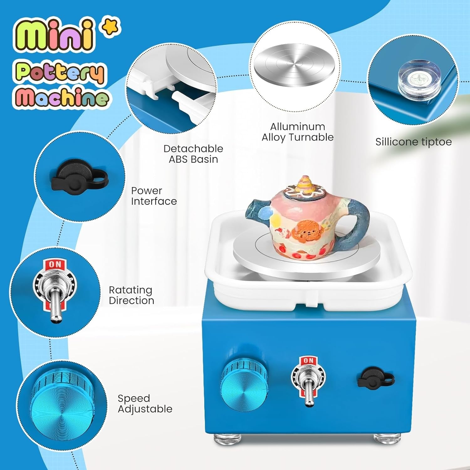 Mini Electric Pottery Wheel 2000RPM Adjustable Speed Kids DIY Ceramic