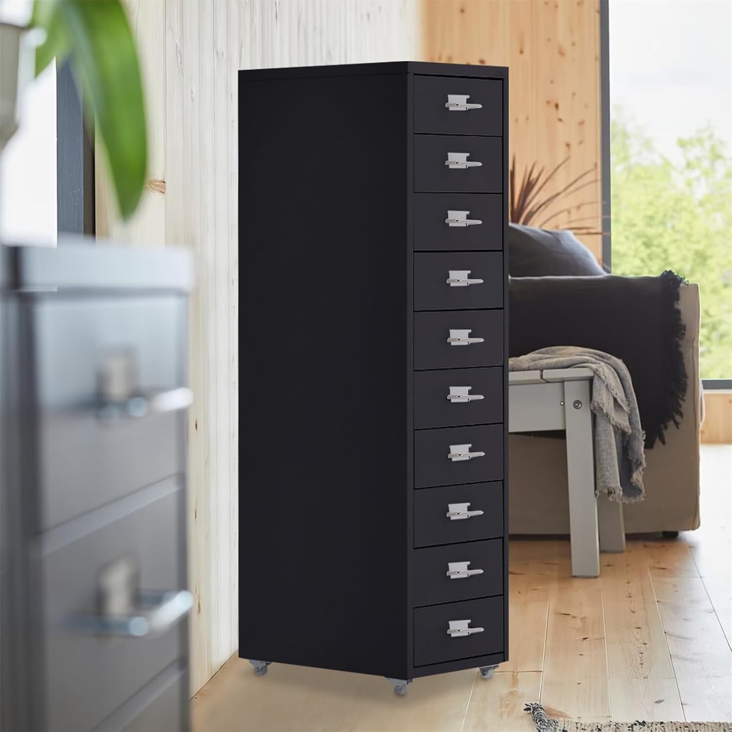 Black Mobile Filing Cabinet 8 Drawer 109cm Rolling Office Storage