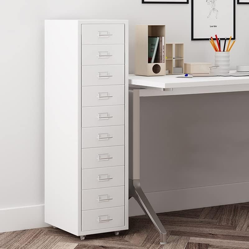 White Slim Rolling Drawer Tower 10 Tier Metal Office File Storage