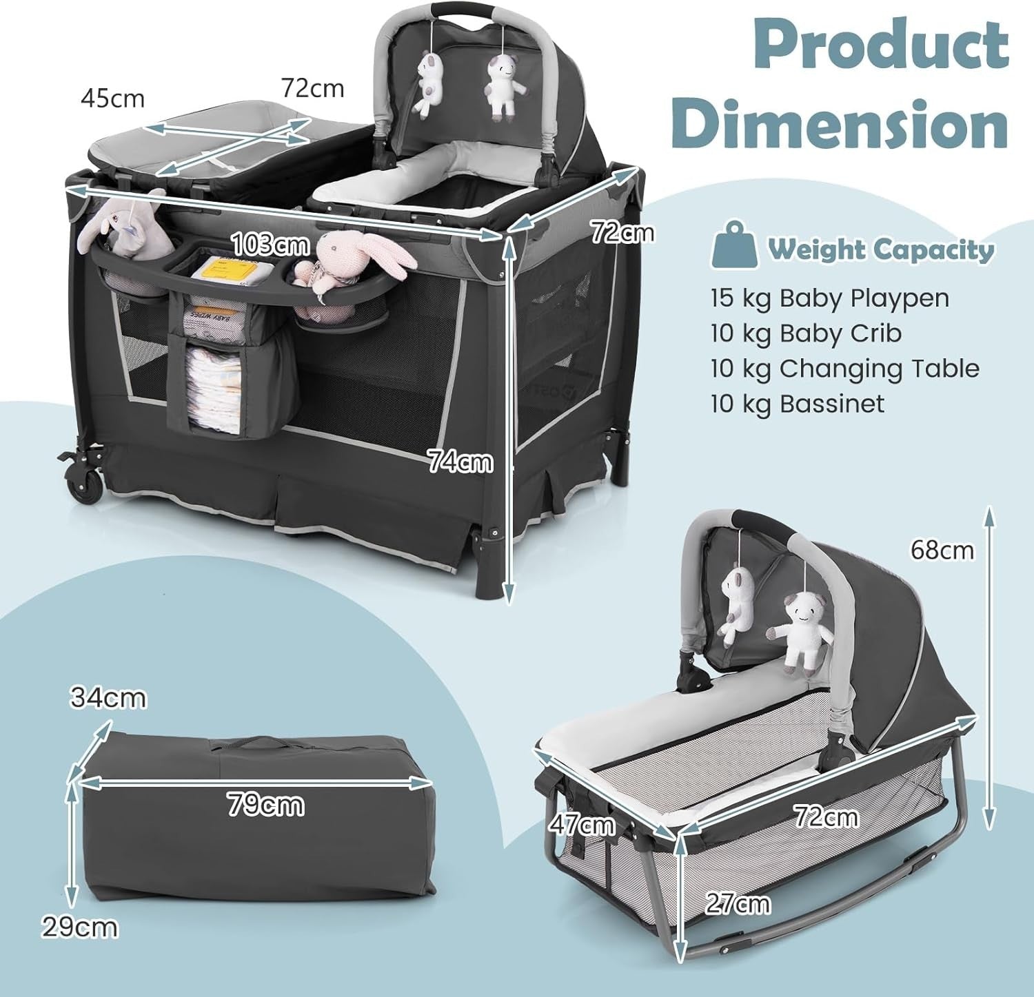 4in1 Baby Travel Cot with Bassinet Changing Table Playpen Wheels & Storage Grey