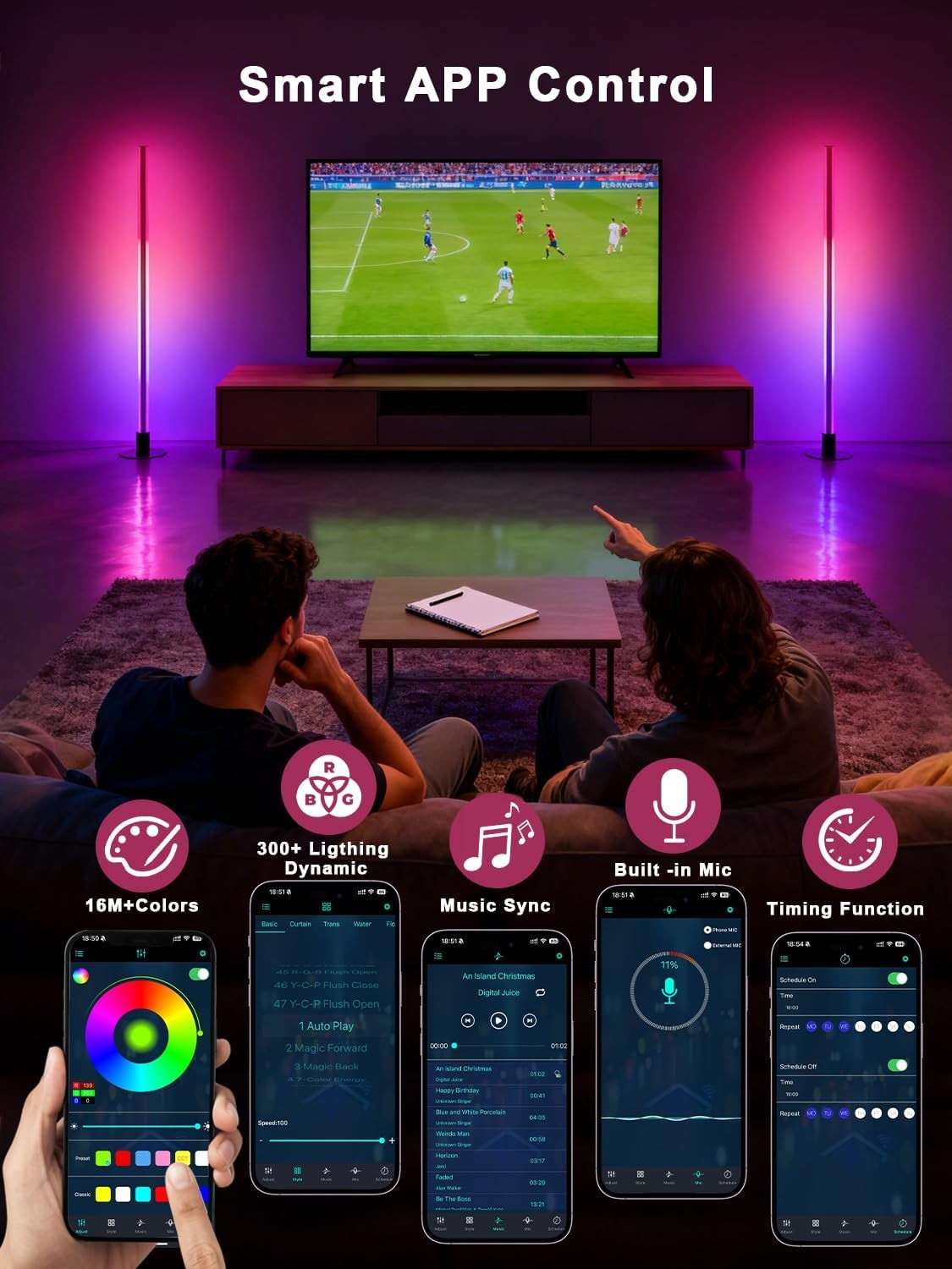 Smart RGB LED Floor Lamp 2 Pack Music Sync App Remote 16M Colours