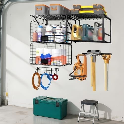 Heavy-Duty Wall Garage Shelf 40x30x60cm 3-Tier Wire Basket Tool Organizer