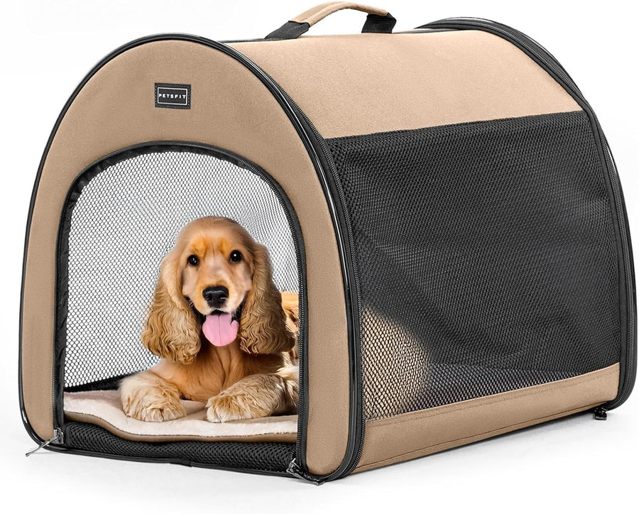 Soft Dog Crate 67x50x50cm Portable Travel Carrier Cat Kennel with Mat Khaki