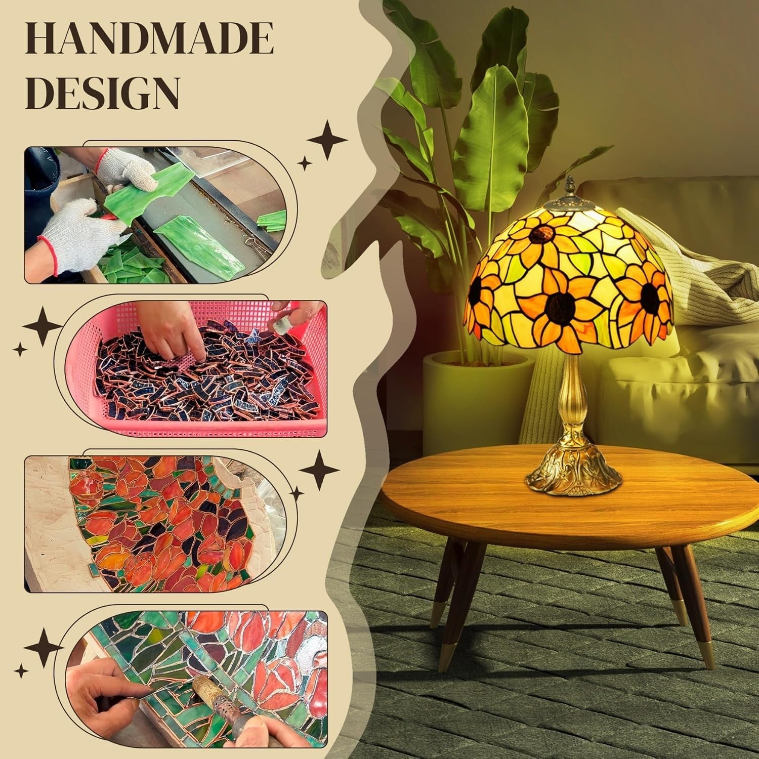 Sunflower Stained Glass Table Lamp Vintage Bedside Light for Bedroom