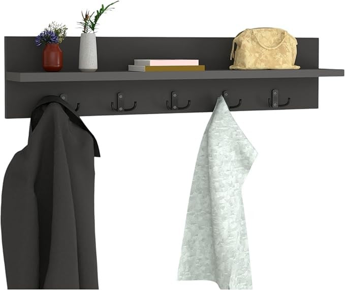 Wall Mounted Coat Rack 80cm Shelf 5 Hooks Floating Storage Rail Anthracite