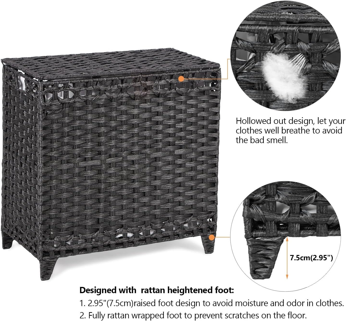 132L Black Rattan Laundry Hamper with Lid 3-Section Removable Liner Bags