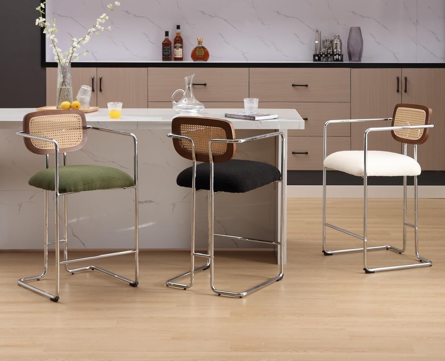 Bar Stools Set of 2 White Faux Fur Rattan Back Counter Chairs