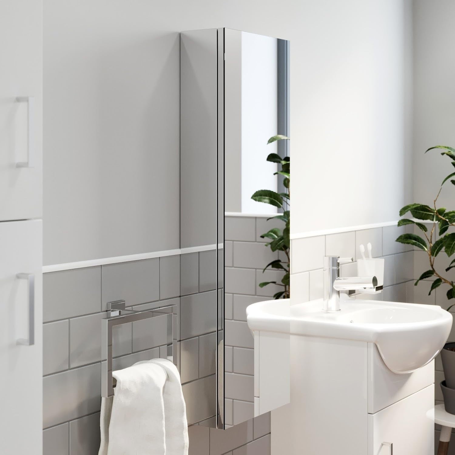 Bathroom Mirror Cabinet Wall Storage, Tall Slim Stainless Steel Unit 900mm