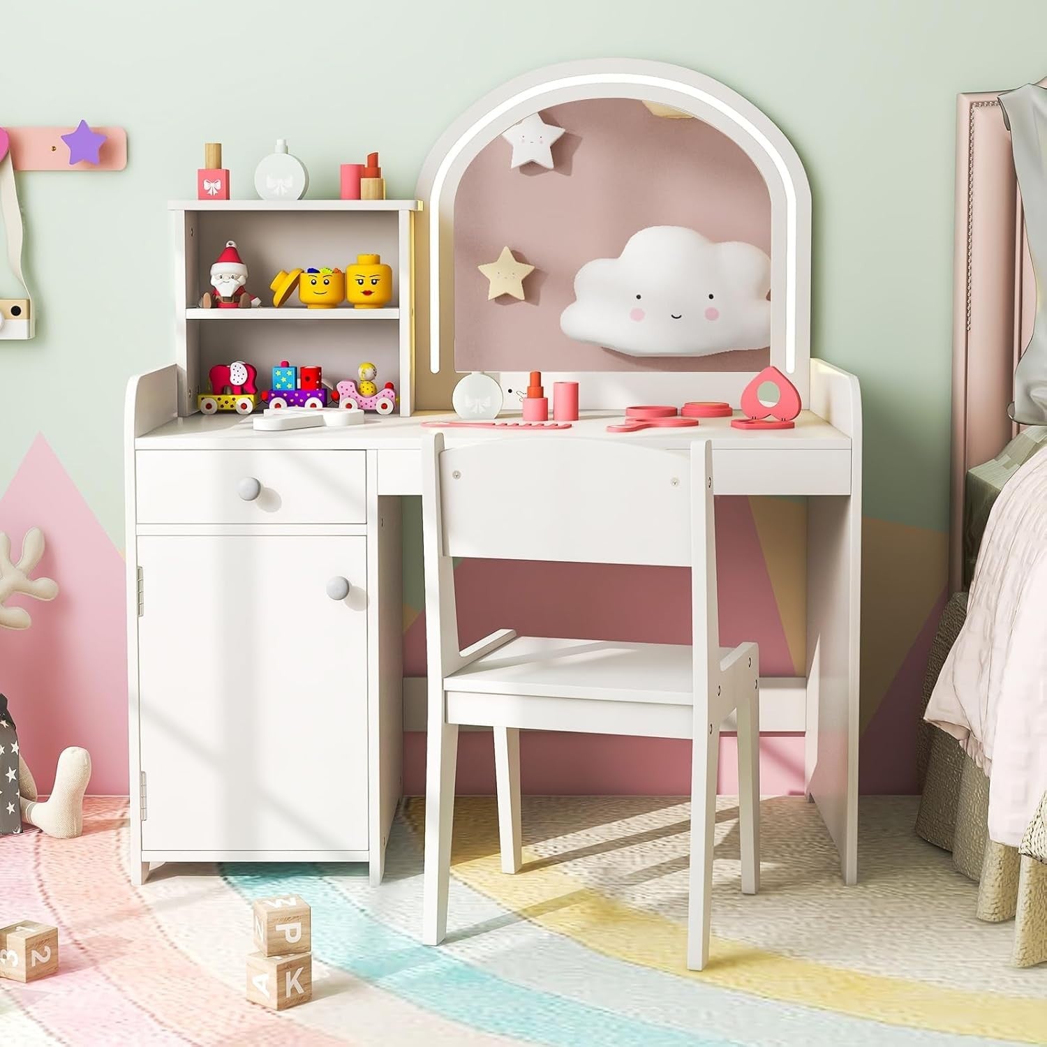 Kids Vanity Table & Stool Set with LED Mirror, Drawer, Shelves & Cabinet