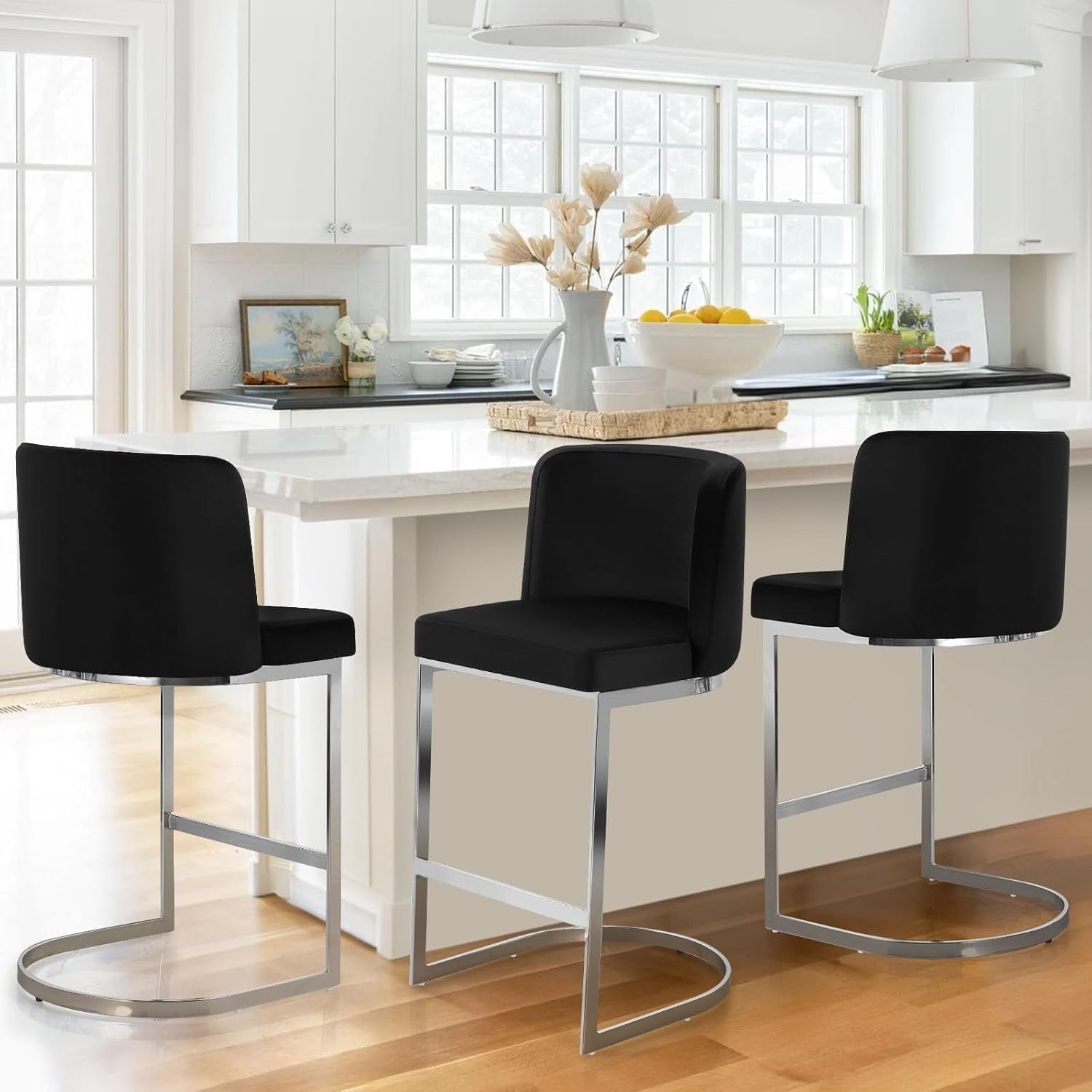 Modern Counter Bar Stools PU Leather With Back Steel Base Set Of 2