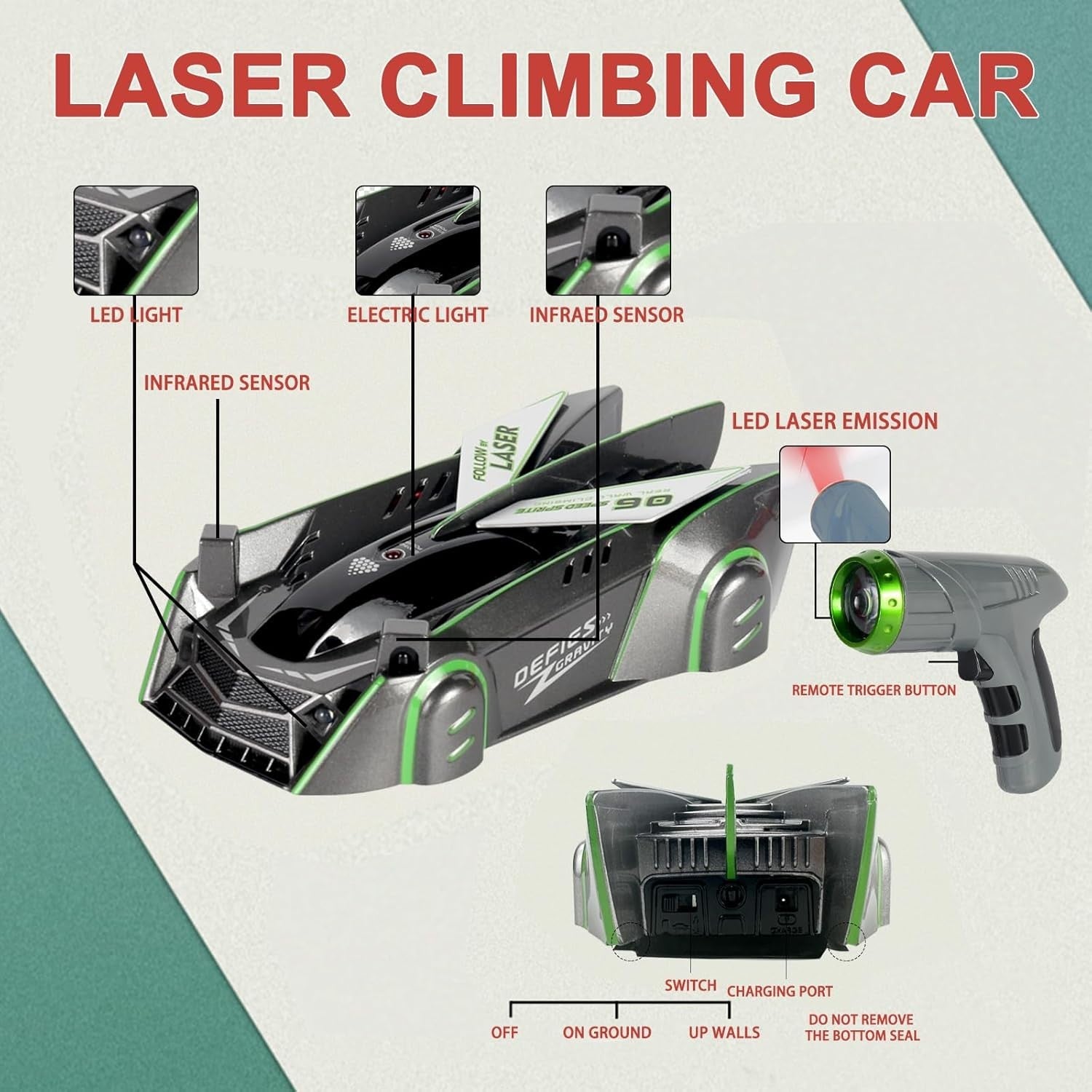 Grey Wall Climbing RC Car – Laser Remote Control Stunt Toy for Kids & Teens