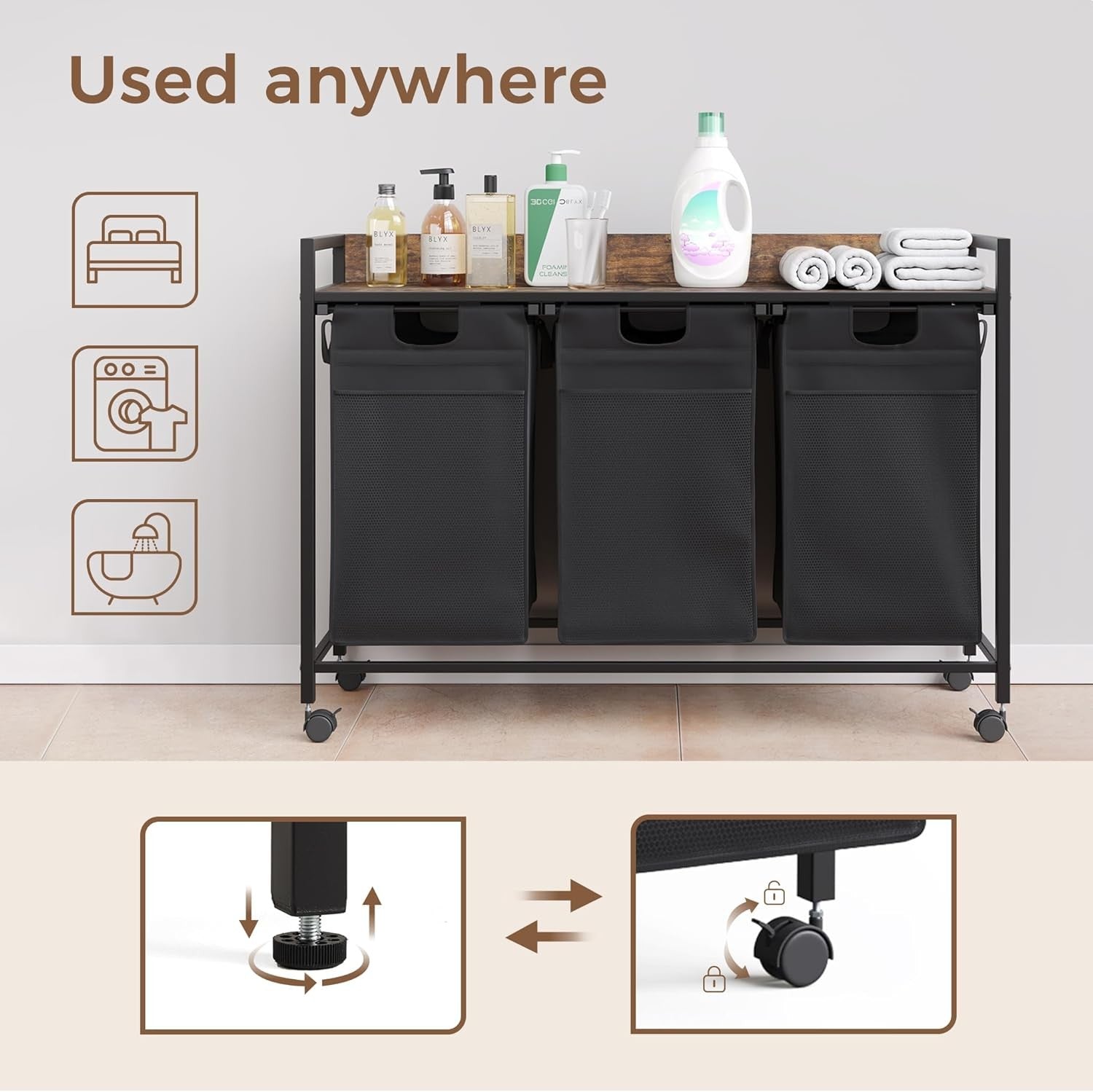 3-Section Laundry Hamper on Wheels with Shelf | 50L Bags | 106cm Storage Unit