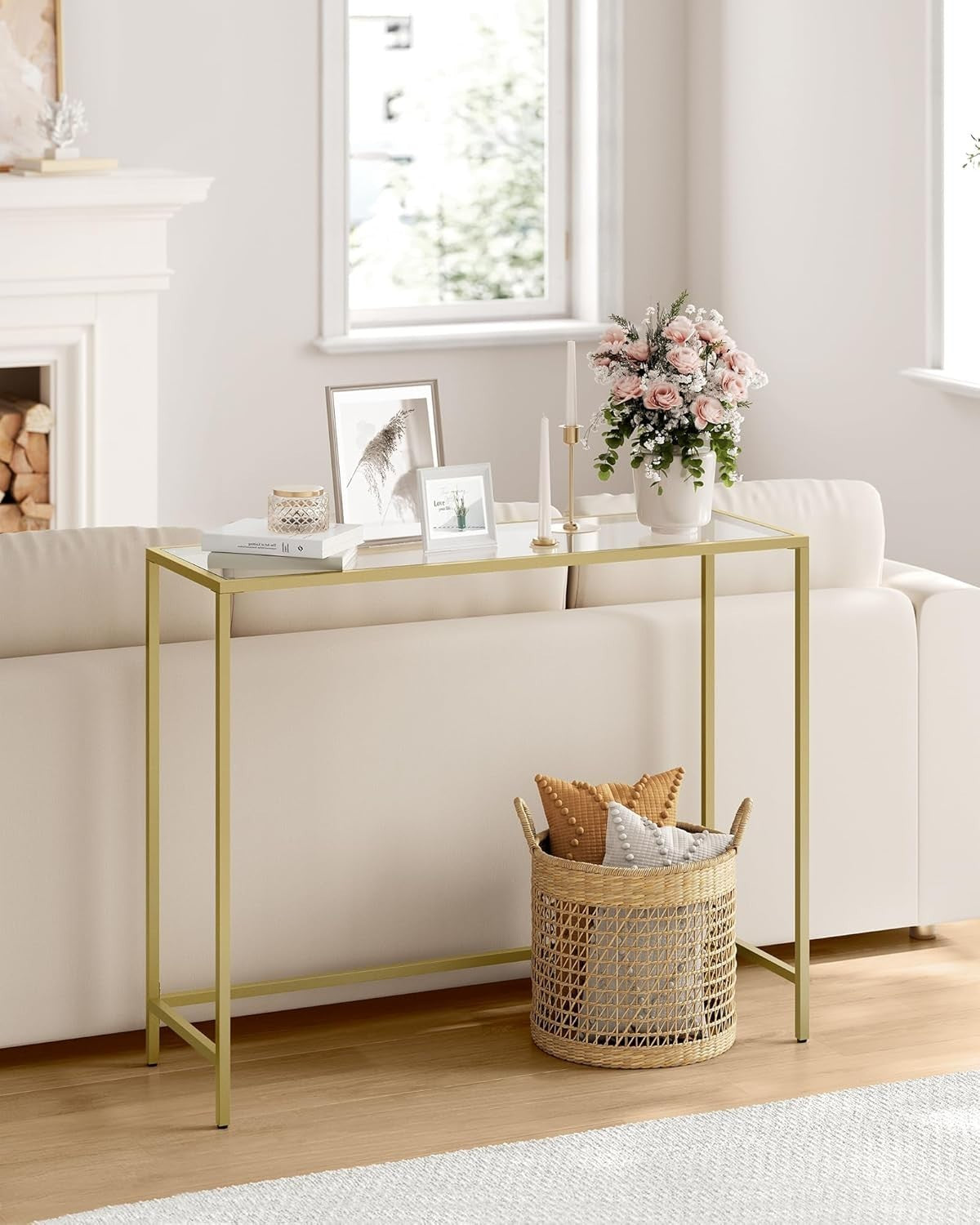 Gold Console Table Tempered Glass Top | Slim 100x35.5x80cm Metal Frame Hallway