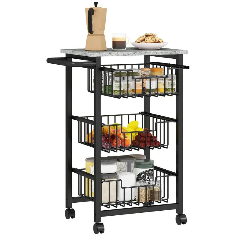 Rolling Kitchen Trolley with 5 Mesh Baskets & Marble Top – Light Grey