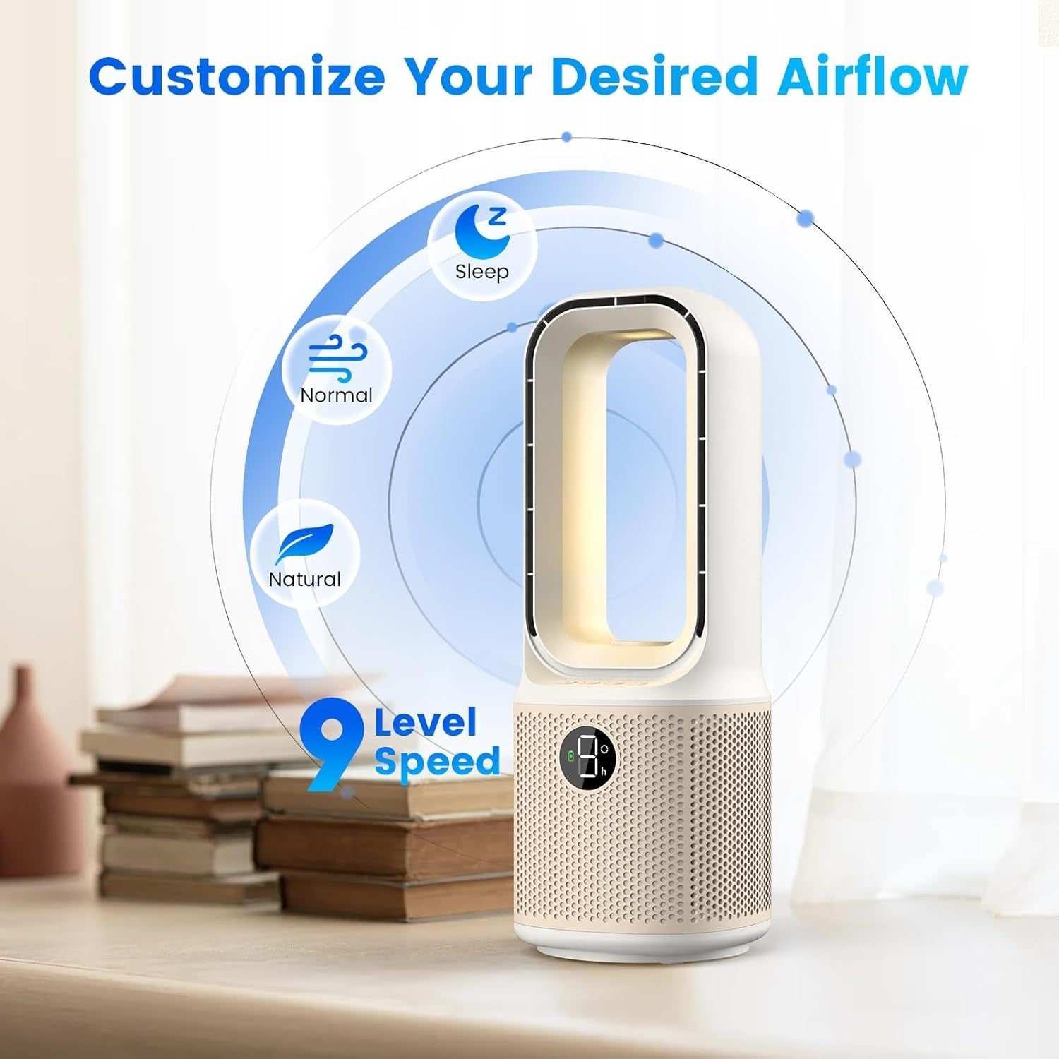 13-Inch Bladeless Desk Fan – Quiet 9-Speed Air Circulator w/ Timer & Night Light
