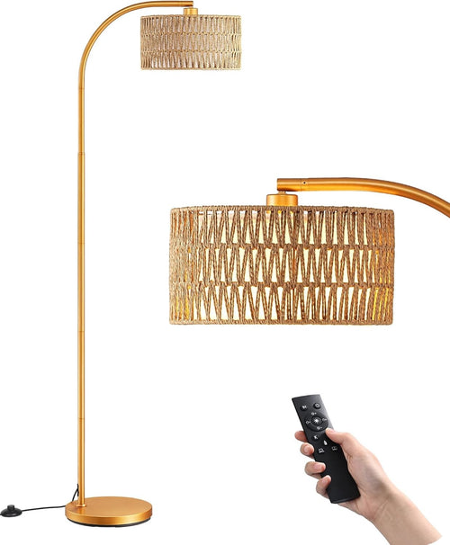 Arc Floor Lamp Gold Rattan Shade Dimmable Remote Boho LED Standing Light