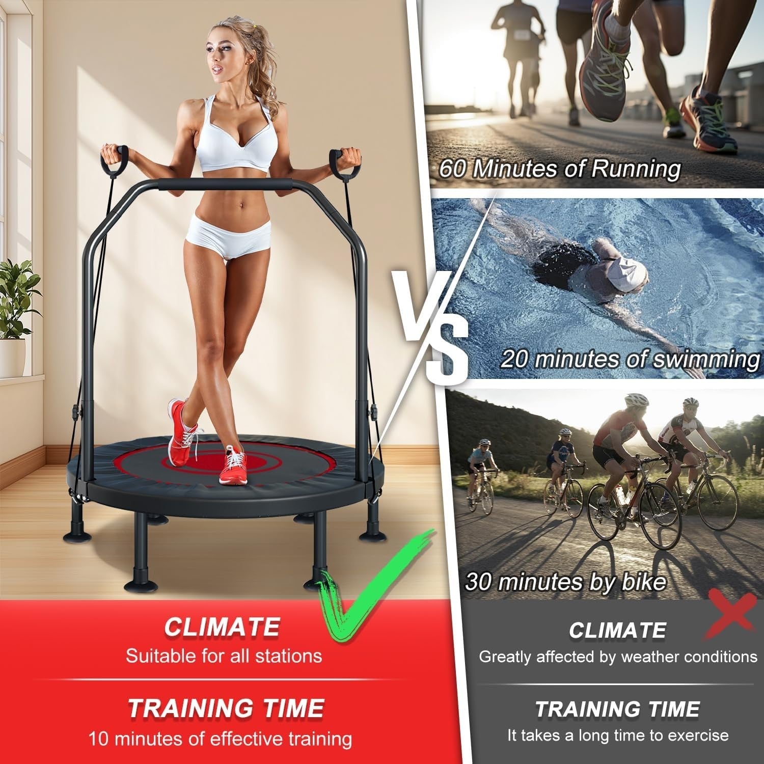 40in Foldable Fitness Rebounder Adjustable Handle Bands Indoor