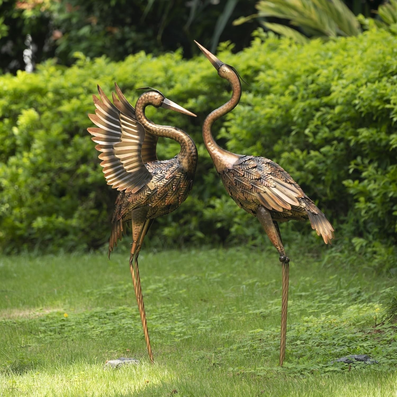 Brass Metal Crane Garden Statues Pair 26in Heron Yard Art Outdoor Lawn Décor