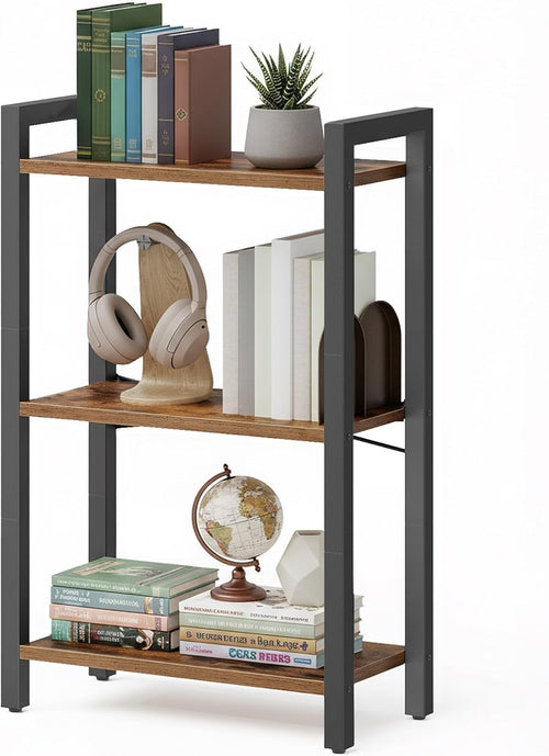 3-Tier Industrial Bookshelf – Rustic Brown & Black Metal Storage Shelf Unit
