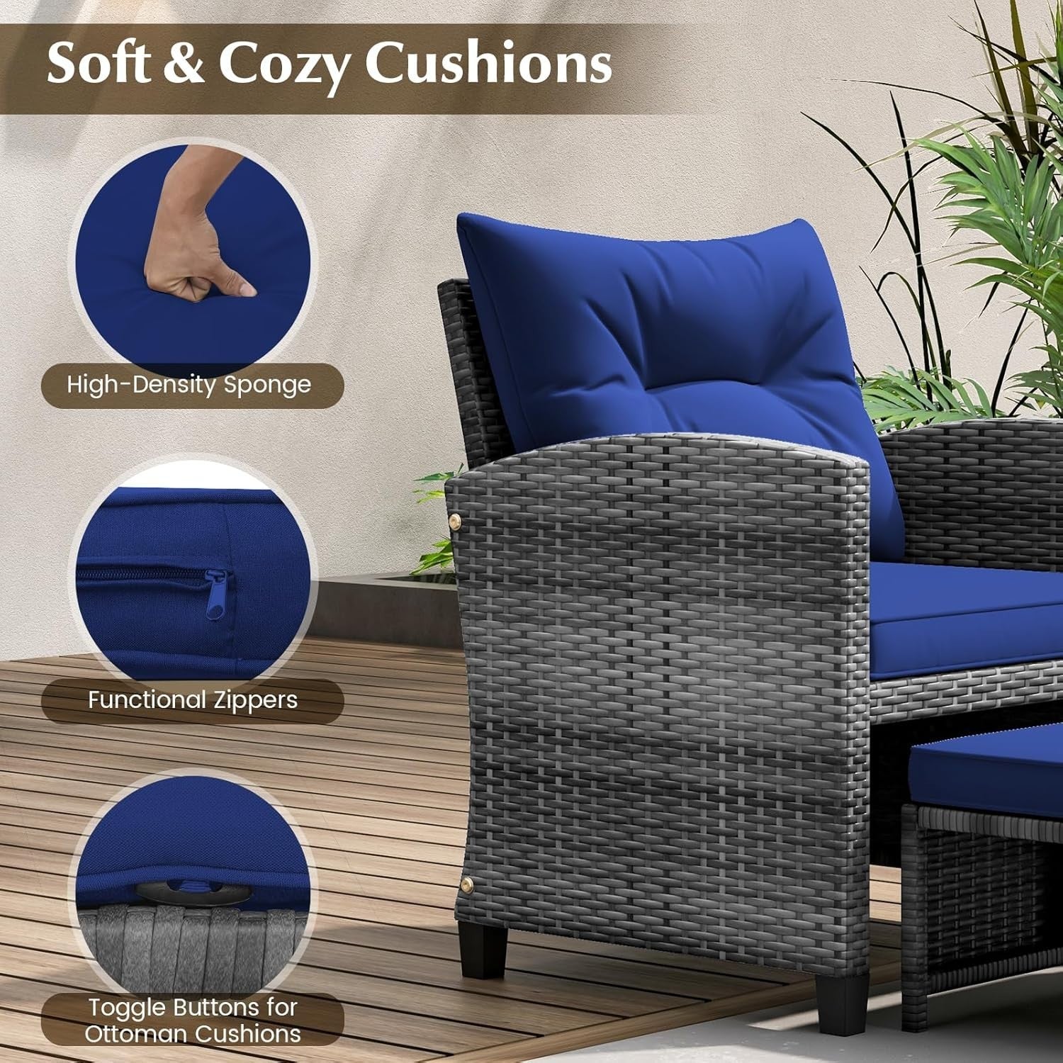 5-Piece Outdoor Rattan Patio Set with Cushions, Glass Table & Footstools