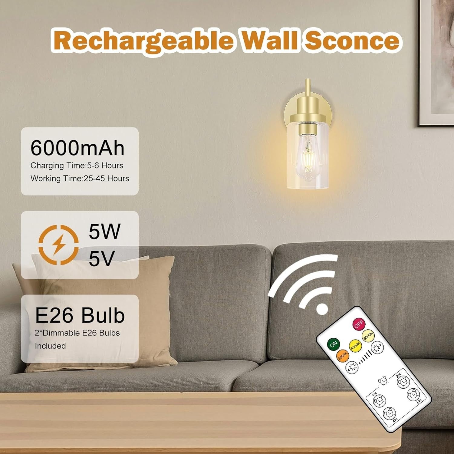 Gold Wall Sconces 2-Pack Rechargeable LED Lights, Remote, Dimmable, No Wiring
